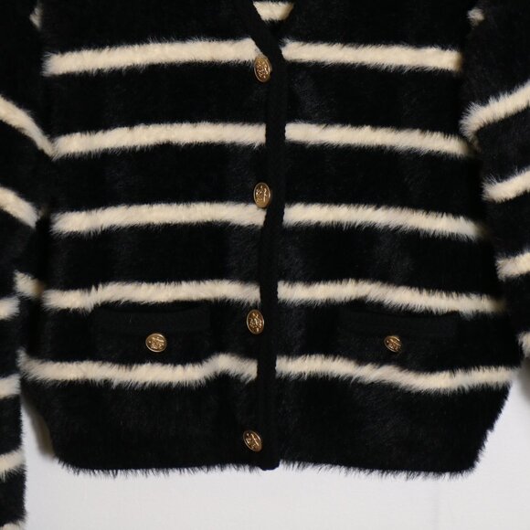 J Crew Lady Sweater Jacket Striped Brushed Yarn Womens Medium Black Fuzzy Button - Picture 4 of 8